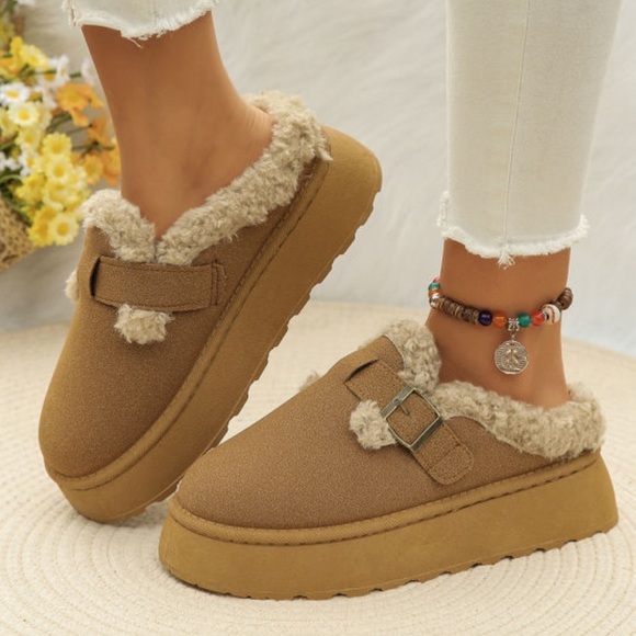Brown Plush Buckle Slip On Shoes with Platform Indoor/Outdoor Slippers - Picture 4 of 8